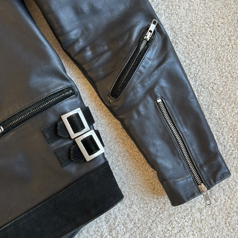 Sandro Paris Black Leather Suede Quilted Lined‎ Zip Biker Jacket Women’s Size XS - Picture 4 of 14